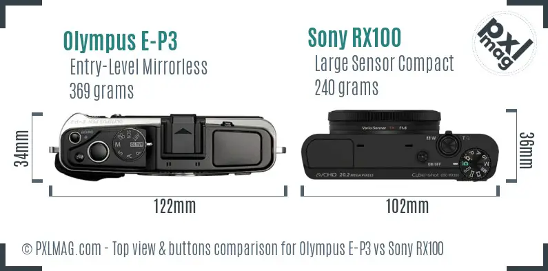 Olympus E-P3 vs Sony RX100 top view buttons comparison
