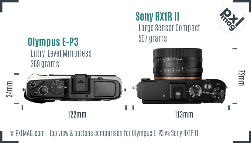 Olympus E-P3 vs Sony RX1R II top view buttons comparison