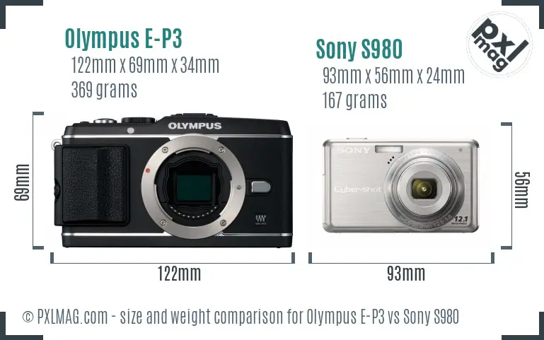 Olympus E-P3 vs Sony S980 size comparison Olympus E-P3 vs Sony S980 size comparison