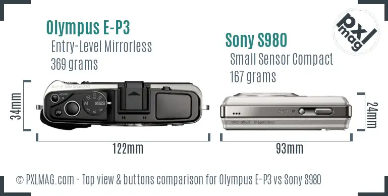 Olympus E-P3 vs Sony S980 top view buttons comparison Olympus E-P3 vs Sony S980 top view buttons comparison