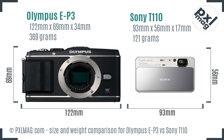 Olympus E-P3 vs Sony T110 size comparison Olympus E-P3 vs Sony T110 size comparison