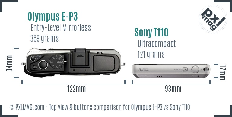 Olympus E-P3 vs Sony T110 top view buttons comparison
