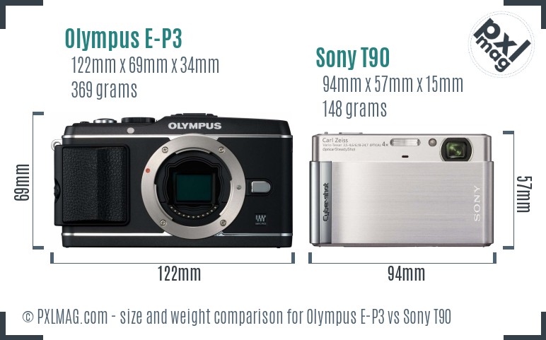 Olympus E-P3 vs Sony T90 size comparison