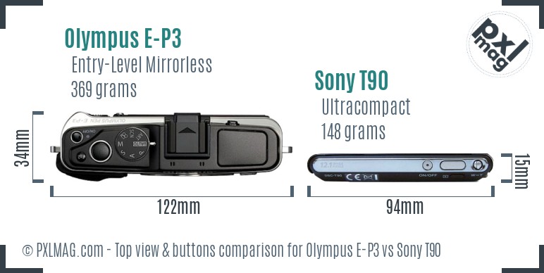 Olympus E-P3 vs Sony T90 top view buttons comparison