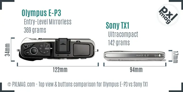 Olympus E-P3 vs Sony TX1 top view buttons comparison