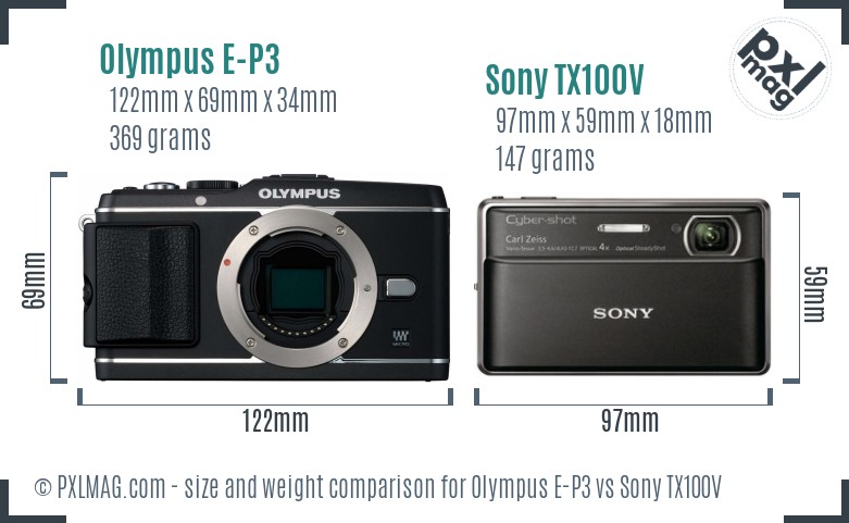 Olympus E-P3 vs Sony TX100V size comparison Olympus E-P3 vs Sony TX100V size comparison