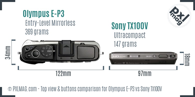 Olympus E-P3 vs Sony TX100V top view buttons comparison
