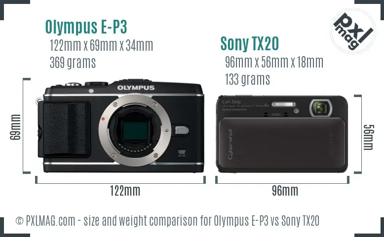 Olympus E-P3 vs Sony TX20 size comparison