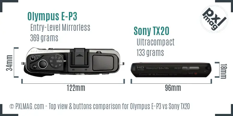 Olympus E-P3 vs Sony TX20 top view buttons comparison