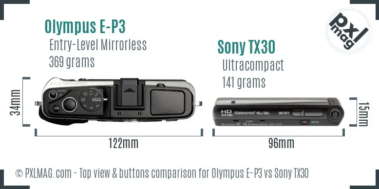 Olympus E-P3 vs Sony TX30 top view buttons comparison