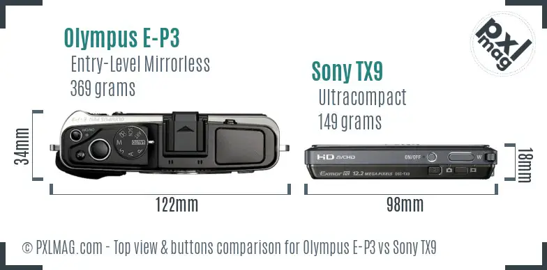 Olympus E-P3 vs Sony TX9 top view buttons comparison Olympus E-P3 vs Sony TX9 top view buttons comparison