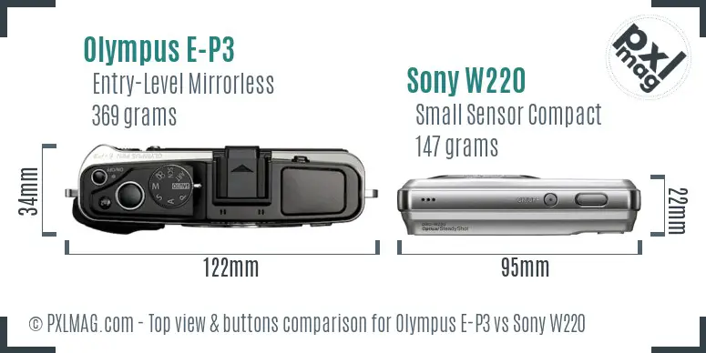 Olympus E-P3 vs Sony W220 top view buttons comparison