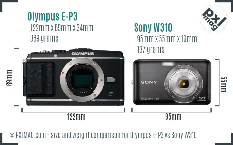 Olympus E-P3 vs Sony W310 size comparison Olympus E-P3 vs Sony W310 size comparison