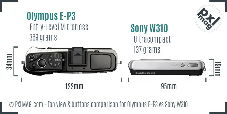 Olympus E-P3 vs Sony W310 top view buttons comparison Olympus E-P3 vs Sony W310 top view buttons comparison