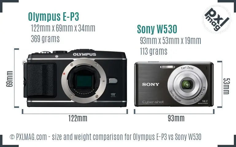 Olympus E-P3 vs Sony W530 size comparison