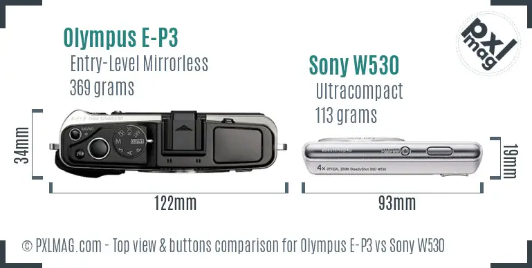 Olympus E-P3 vs Sony W530 top view buttons comparison