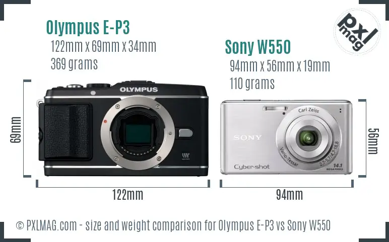Olympus E-P3 vs Sony W550 size comparison