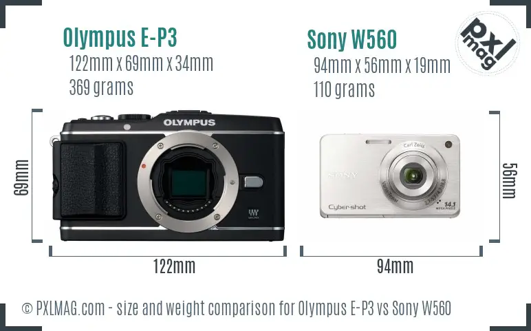 Olympus E-P3 vs Sony W560 size comparison