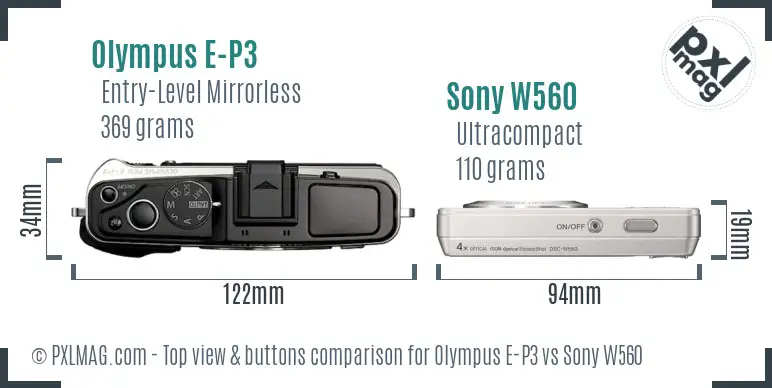 Olympus E-P3 vs Sony W560 top view buttons comparison