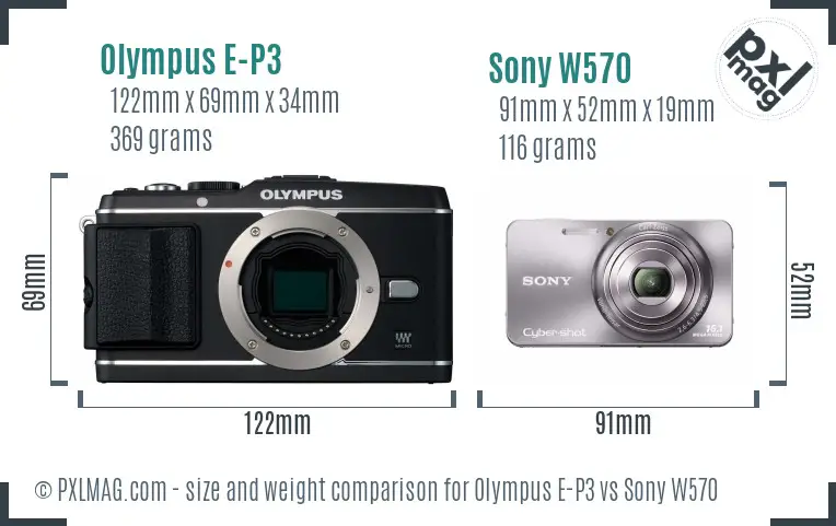 Olympus E-P3 vs Sony W570 size comparison