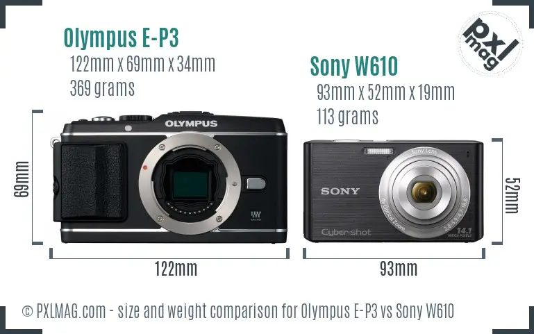 Olympus E-P3 vs Sony W610 size comparison Olympus E-P3 vs Sony W610 size comparison