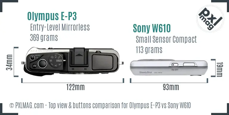 Olympus E-P3 vs Sony W610 top view buttons comparison Olympus E-P3 vs Sony W610 top view buttons comparison