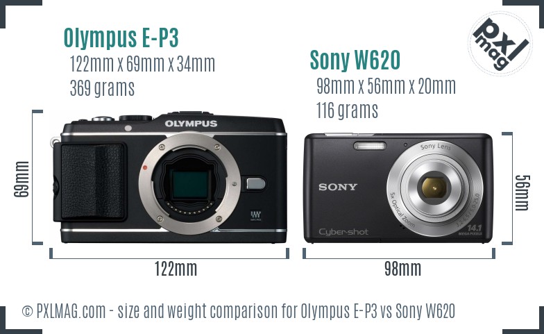Olympus E-P3 vs Sony W620 size comparison