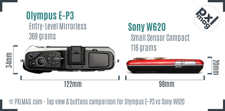 Olympus E-P3 vs Sony W620 top view buttons comparison