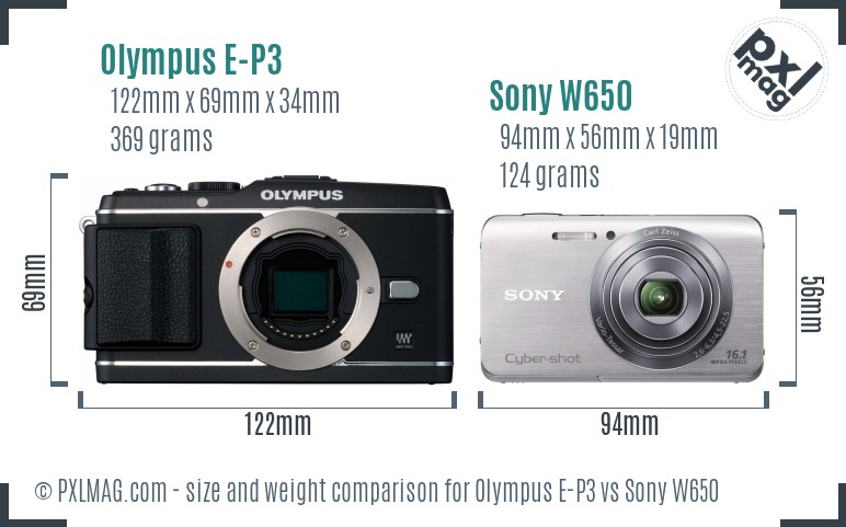 Olympus E-P3 vs Sony W650 size comparison