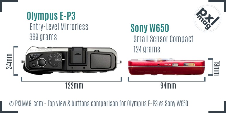 Olympus E-P3 vs Sony W650 top view buttons comparison