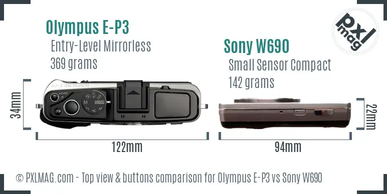 Olympus E-P3 vs Sony W690 top view buttons comparison