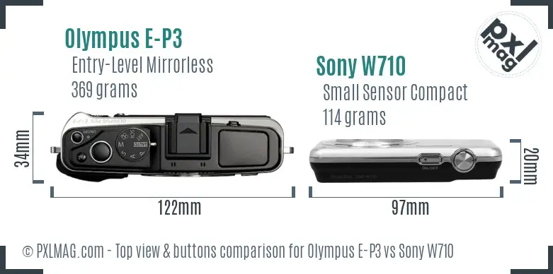 Olympus E-P3 vs Sony W710 top view buttons comparison