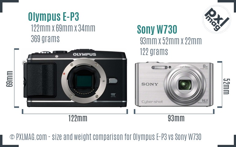 Olympus E-P3 vs Sony W730 size comparison