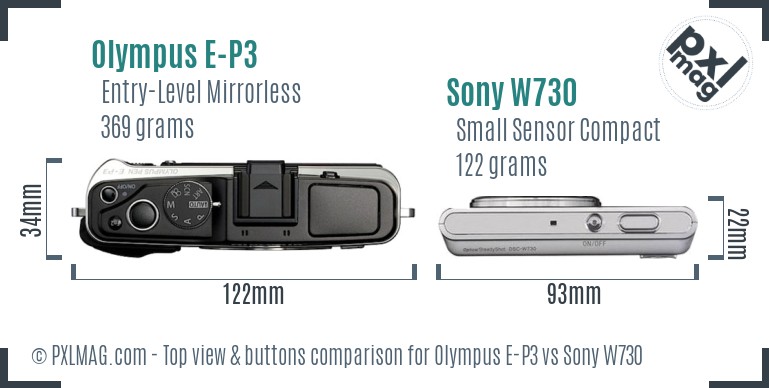 Olympus E-P3 vs Sony W730 top view buttons comparison
