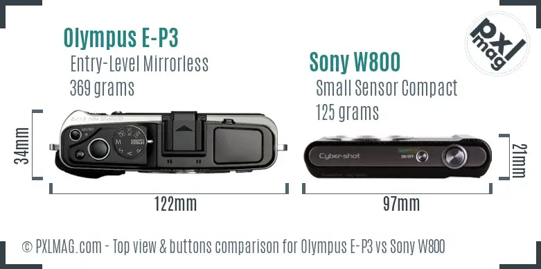 Olympus E-P3 vs Sony W800 top view buttons comparison Olympus E-P3 vs Sony W800 top view buttons comparison