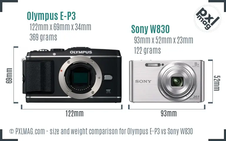 Olympus E-P3 vs Sony W830 size comparison