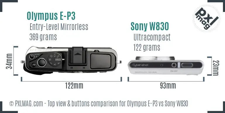 Olympus E-P3 vs Sony W830 top view buttons comparison