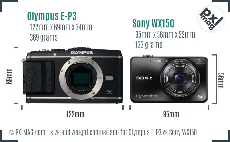 Olympus E-P3 vs Sony WX150 size comparison
