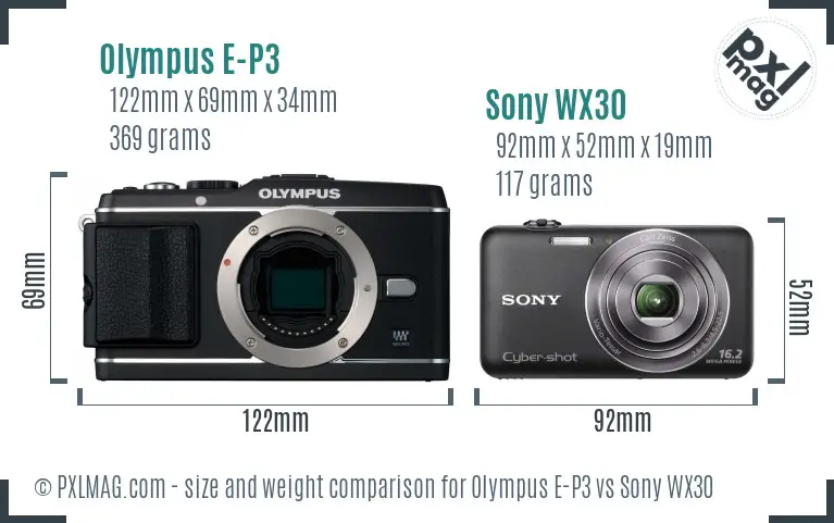Olympus E-P3 vs Sony WX30 size comparison