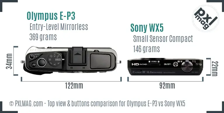 Olympus E-P3 vs Sony WX5 top view buttons comparison