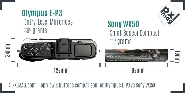 Olympus E-P3 vs Sony WX50 top view buttons comparison