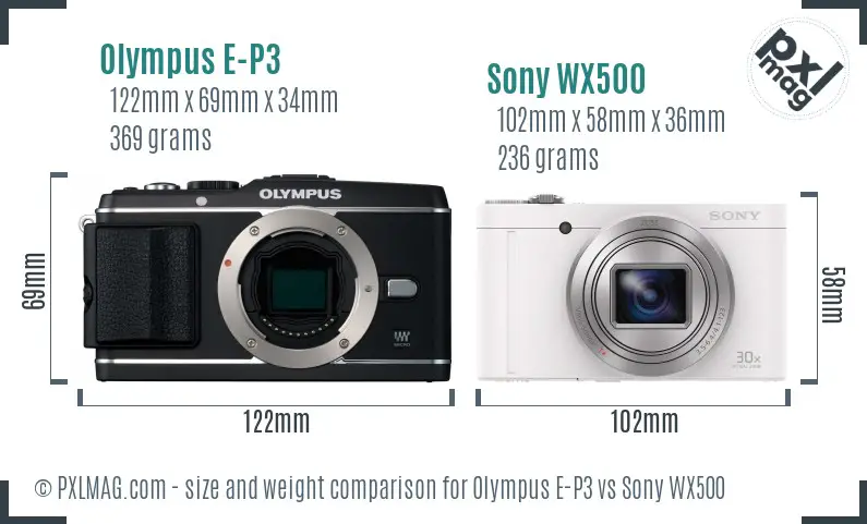 Olympus E-P3 vs Sony WX500 size comparison
