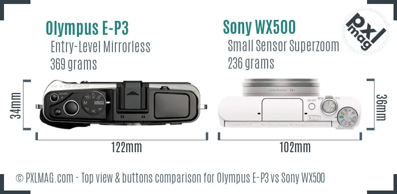 Olympus E-P3 vs Sony WX500 top view buttons comparison