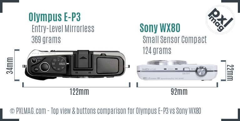 Olympus E-P3 vs Sony WX80 top view buttons comparison