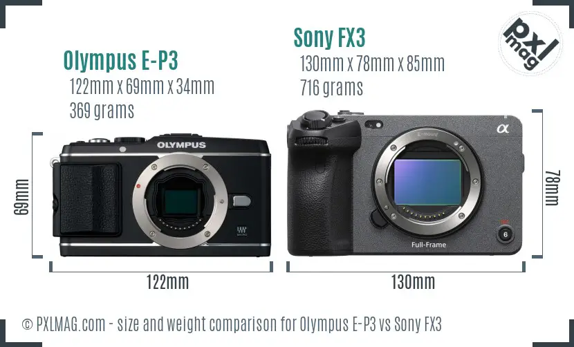 Olympus E-P3 vs Sony FX3 size comparison