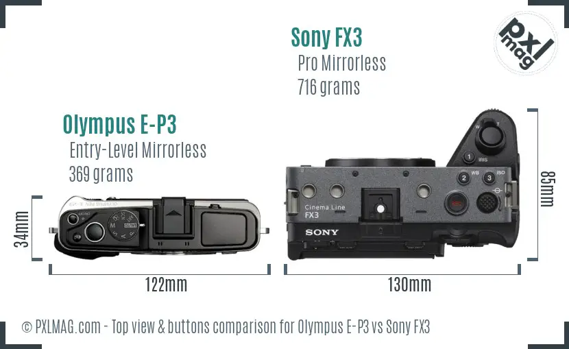 Olympus E-P3 vs Sony FX3 top view buttons comparison