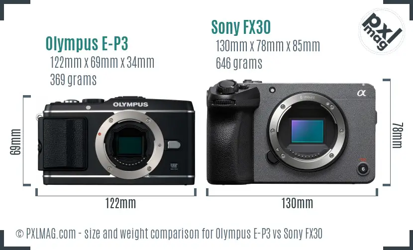 Olympus E-P3 vs Sony FX30 size comparison