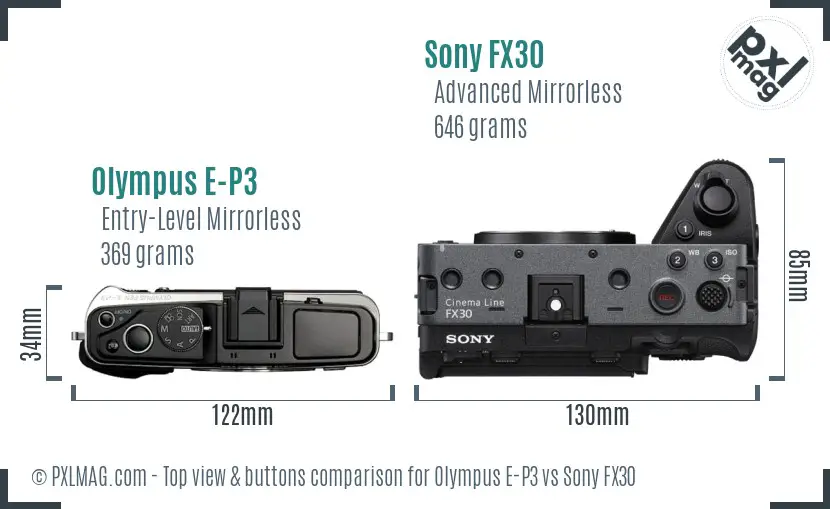 Olympus E-P3 vs Sony FX30 top view buttons comparison