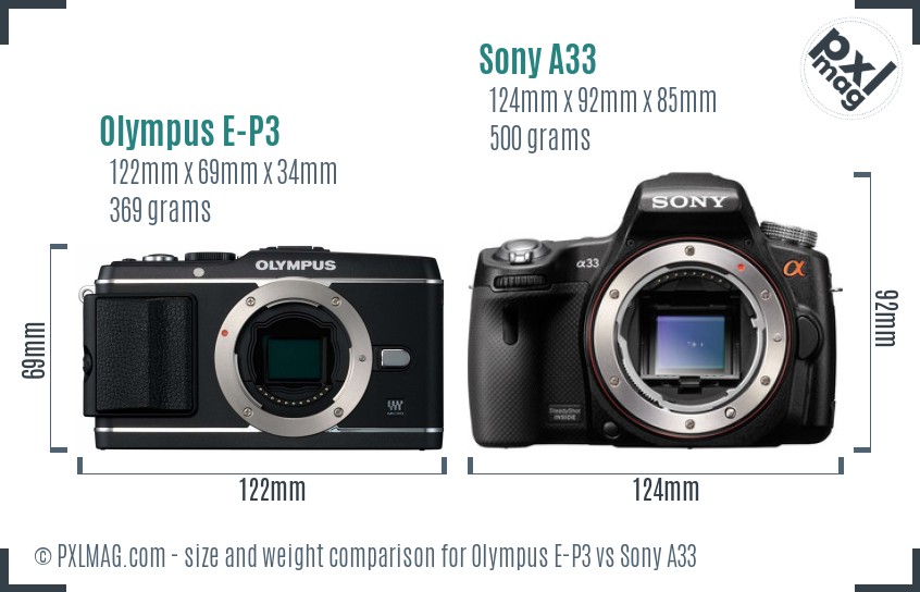 Olympus E-P3 vs Sony A33 size comparison