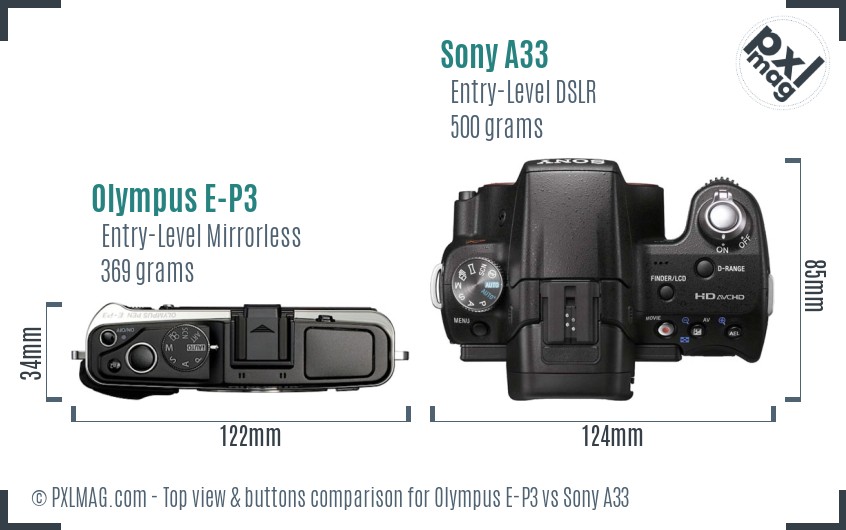 Olympus E-P3 vs Sony A33 top view buttons comparison